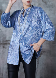Art Light Blue Stand Collar Print Silk Velour Shirt Spring