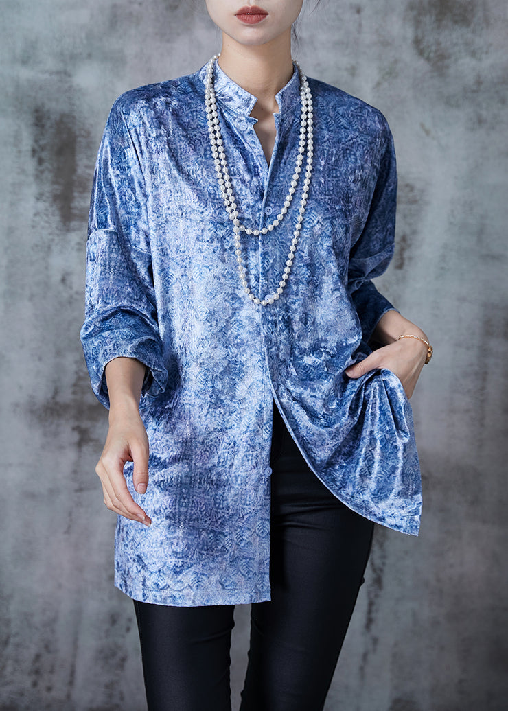Art Light Blue Stand Collar Print Silk Velour Shirt Spring