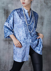 Art Light Blue Stand Collar Print Silk Velour Shirt Spring