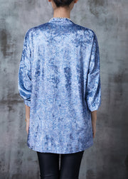 Art Light Blue Stand Collar Print Silk Velour Shirt Spring