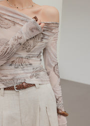 Art Light Grey Cold Shoulder Print Tulle Shirt Tops Fall