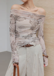 Art Light Grey Cold Shoulder Print Tulle Shirt Tops Fall