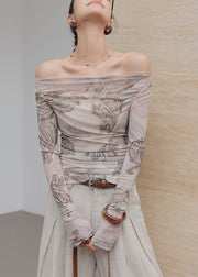 Art Light Grey Cold Shoulder Print Tulle Shirt Tops Fall