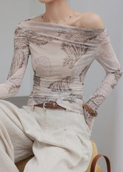 Art Light Grey Cold Shoulder Print Tulle Shirt Tops Fall