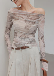 Art Light Grey Cold Shoulder Print Tulle Shirt Tops Fall