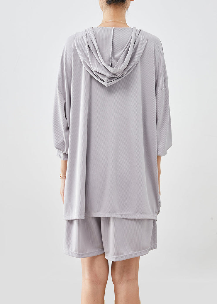Art Light Grey Hooded Drawstring Sweatshirt Two Pieces Set Summer