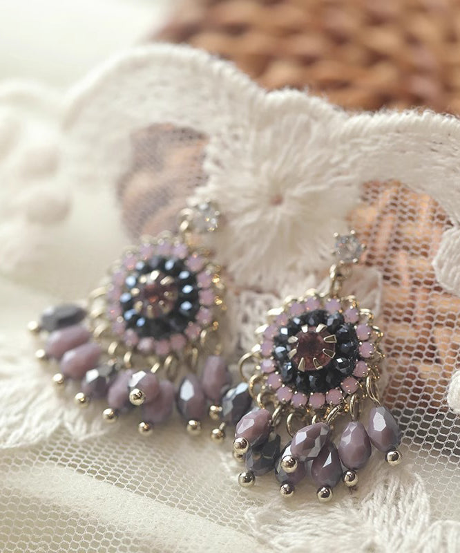 Art Light Purple Copper Alloy Crystal Tassel Drop Earrings
