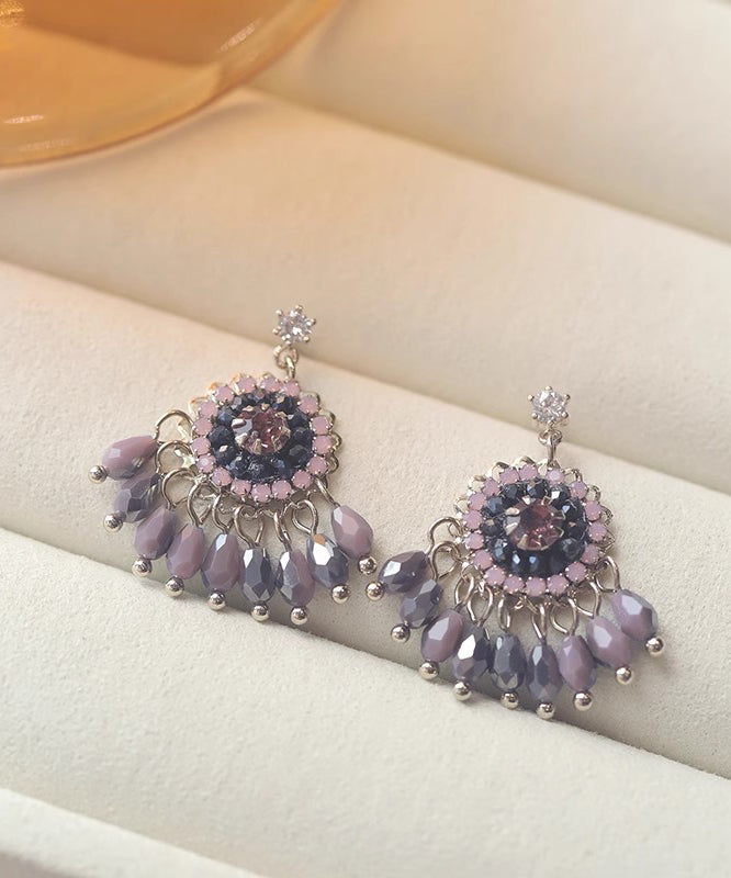 Art Light Purple Copper Alloy Crystal Tassel Drop Earrings