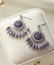 Art Light Purple Copper Alloy Crystal Tassel Drop Earrings