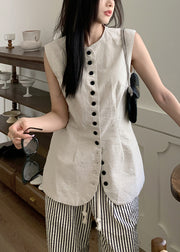 Art Linen O Neck Button Solid Waistcoat Sleeveless