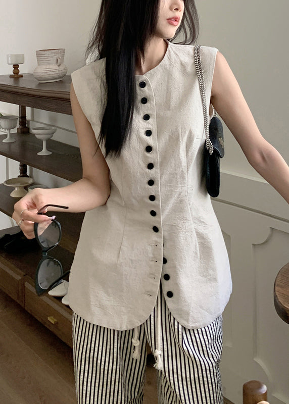 Art Linen O Neck Button Solid Waistcoat Sleeveless