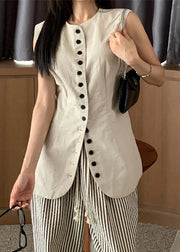 Art Linen O Neck Button Solid Waistcoat Sleeveless