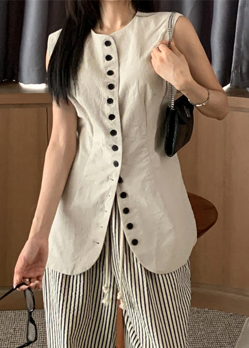 Art Linen O Neck Button Solid Waistcoat Sleeveless