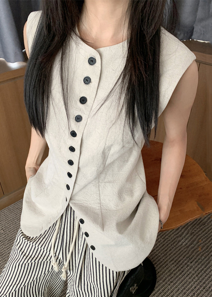 Art Linen O Neck Button Solid Waistcoat Sleeveless