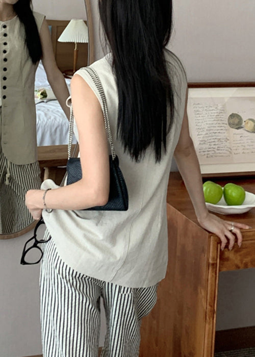 Art Linen O Neck Button Solid Waistcoat Sleeveless