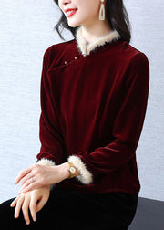 Art Mulberry Stand Collar Patchwork Faux Fur Silk Velour Tops Winter