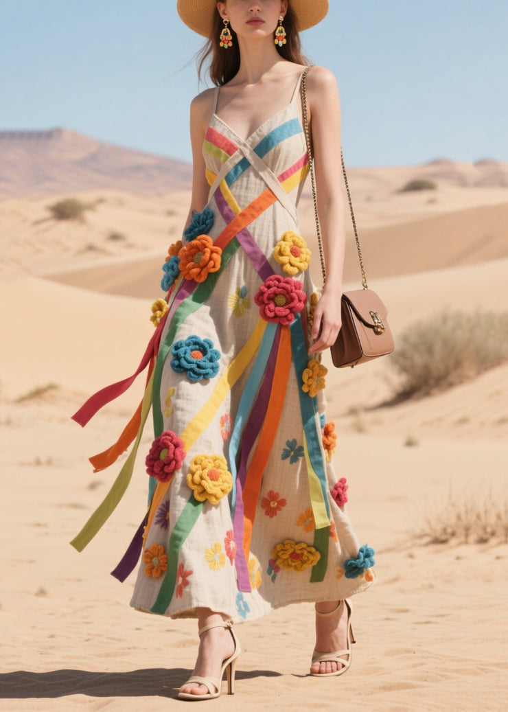 Art Multicolour Floral Decorated Ribbon Cotton Sundress Summer