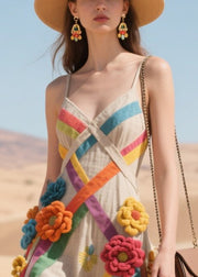 Art Multicolour Floral Decorated Ribbon Cotton Sundress Summer