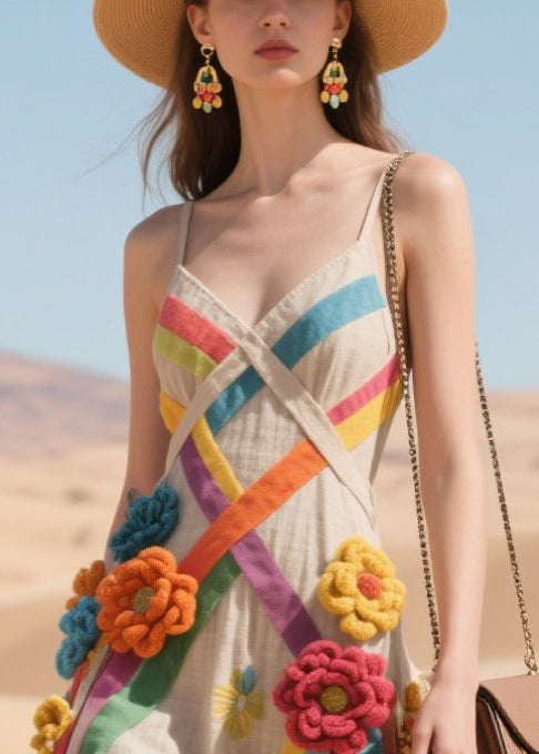 Art Multicolour Floral Decorated Ribbon Cotton Sundress Summer