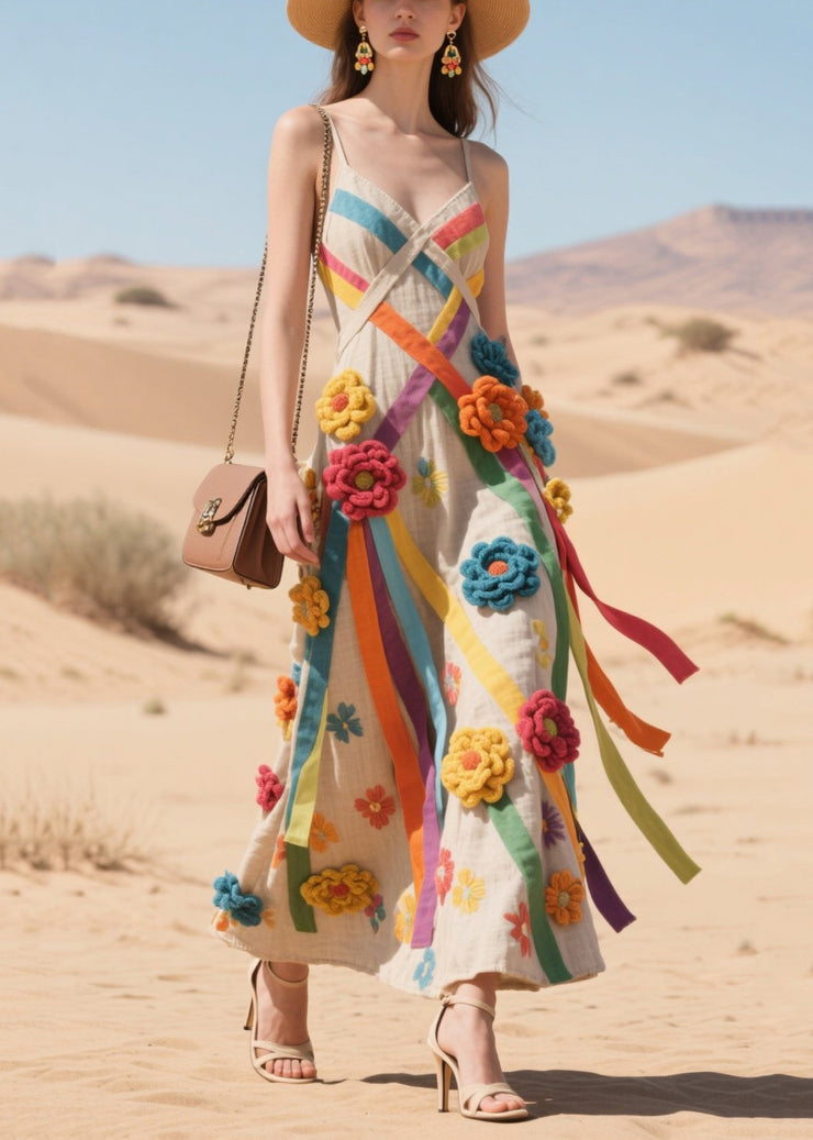 Art Multicolour Floral Decorated Ribbon Cotton Sundress Summer