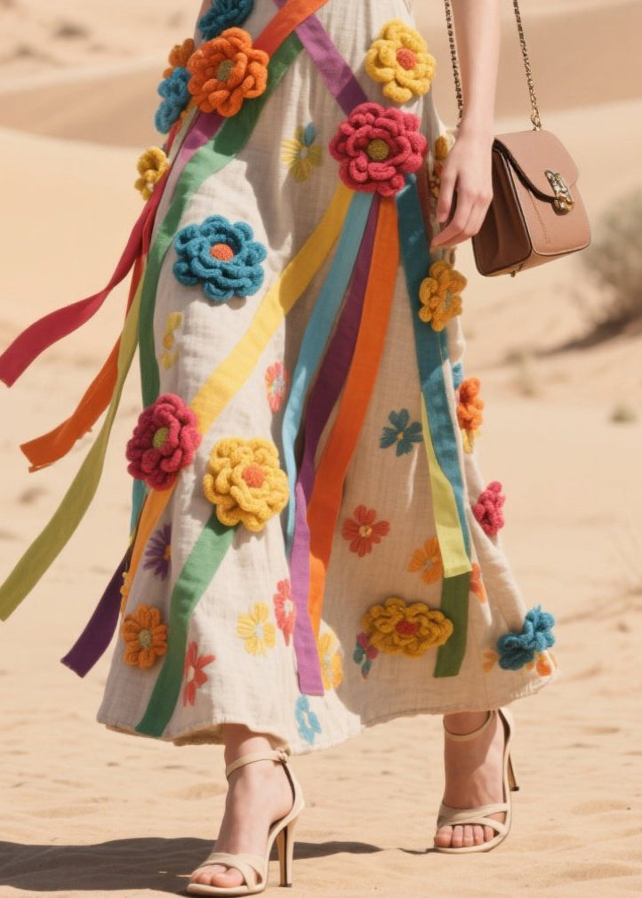 Art Multicolour Floral Decorated Ribbon Cotton Sundress Summer