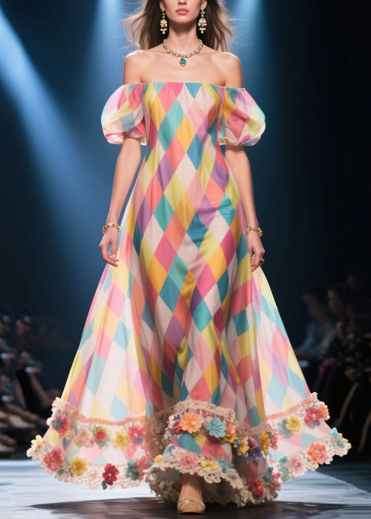 Art Multicolour Plaid Flower Decorated Silk Strapless Dress Puff Sleeve