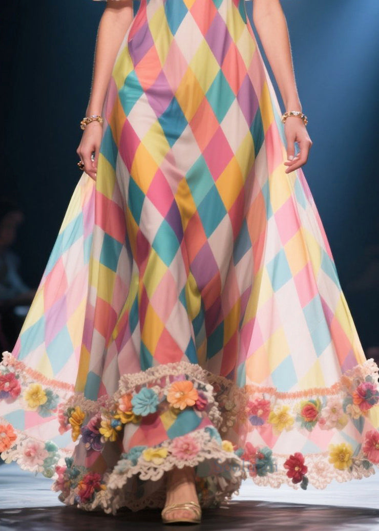 Art Multicolour Plaid Flower Decorated Silk Strapless Dress Puff Sleeve