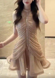Art Naked Color Zippered Zircon Wrinkled Chiffon Dress Sleeveless