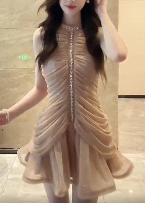 Art Naked Color Zippered Zircon Wrinkled Chiffon Dress Sleeveless