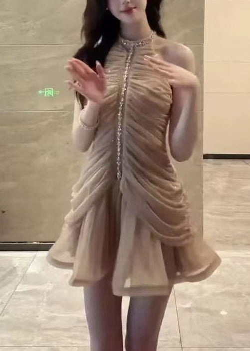Art Naked Color Zippered Zircon Wrinkled Chiffon Dress Sleeveless