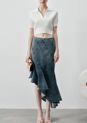 Art Navy Asymmetrical Ruffles Denim Skirts Summer