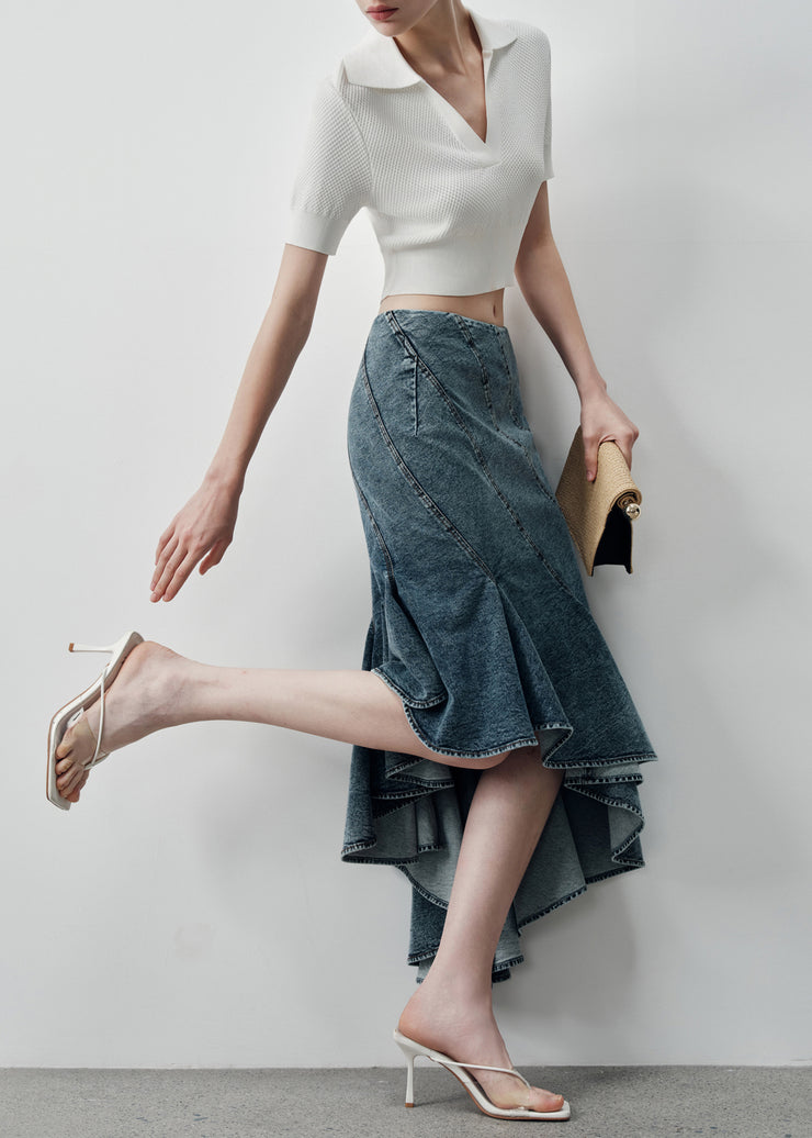 Art Navy Asymmetrical Ruffles Denim Skirts Summer