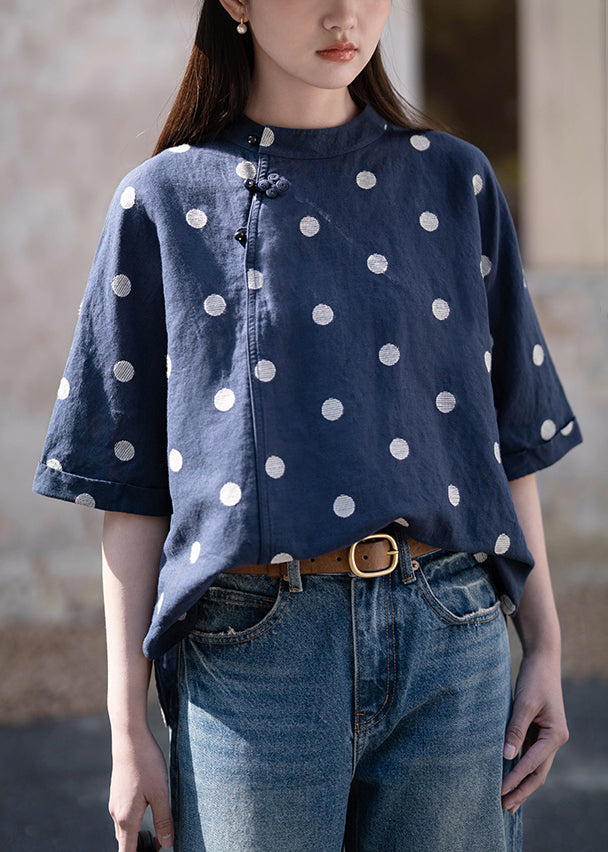 Art Navy Chinese Button Dot Side Open Linen Blouses Half Sleeve