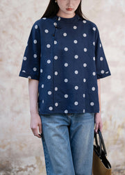 Art Navy Chinese Button Dot Side Open Linen Blouses Half Sleeve