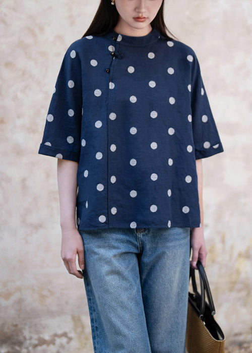 Art Navy Chinese Button Dot Side Open Linen Blouses Half Sleeve