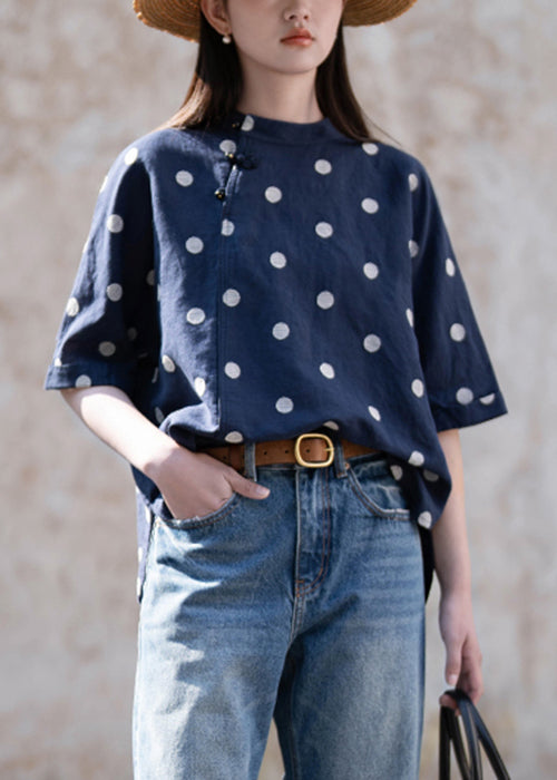 Art Navy Chinese Button Dot Side Open Linen Blouses Half Sleeve