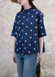 Art Navy Chinese Button Dot Side Open Linen Blouses Half Sleeve