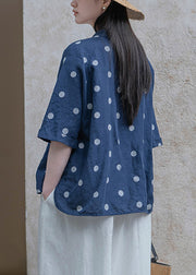 Art Navy Chinese Button Dot Side Open Linen Blouses Half Sleeve
