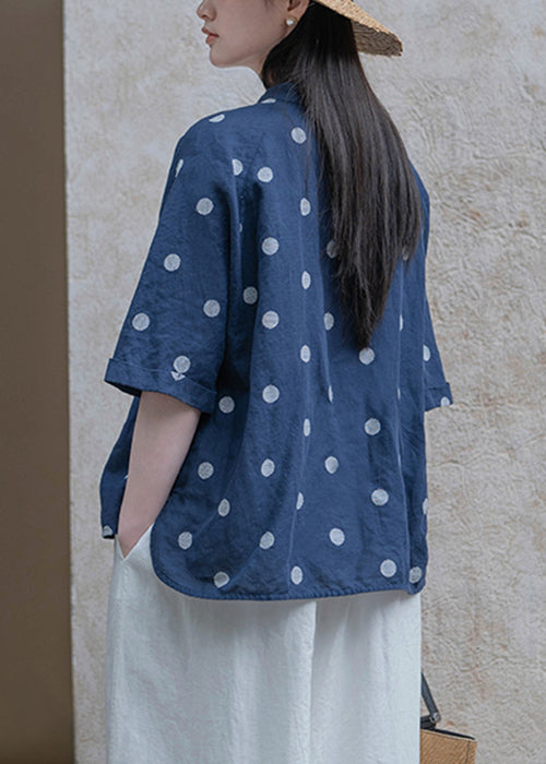 Art Navy Chinese Button Dot Side Open Linen Blouses Half Sleeve