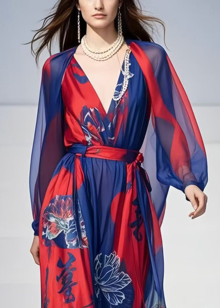 Art Navy Cinched Print Chiffon Party Dress Spring