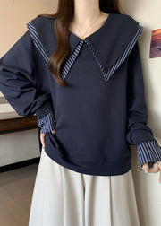Art Navy Double-layer Patchwork Striped Cotton Sweatshirts Top Fall