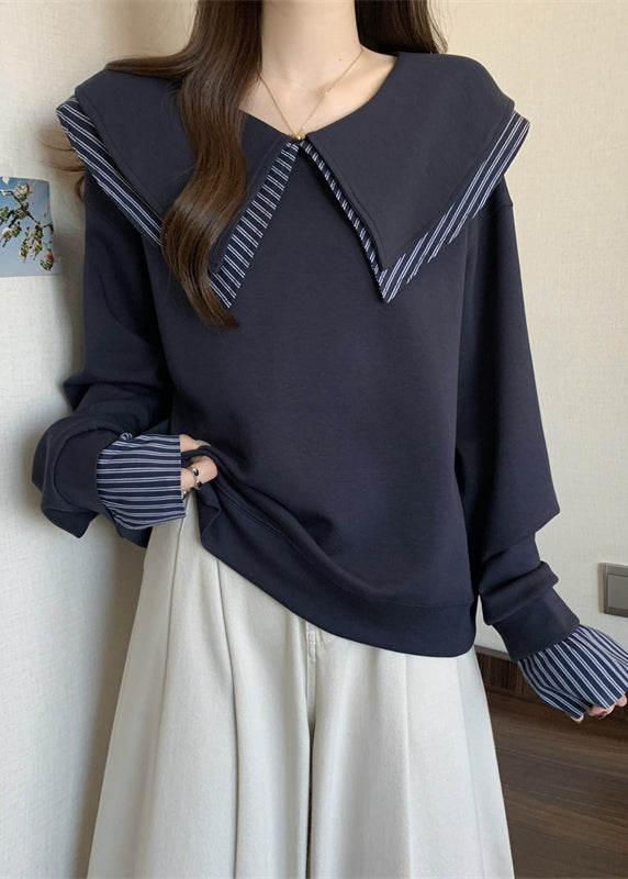 Art Navy Double-layer Patchwork Striped Cotton Sweatshirts Top Fall