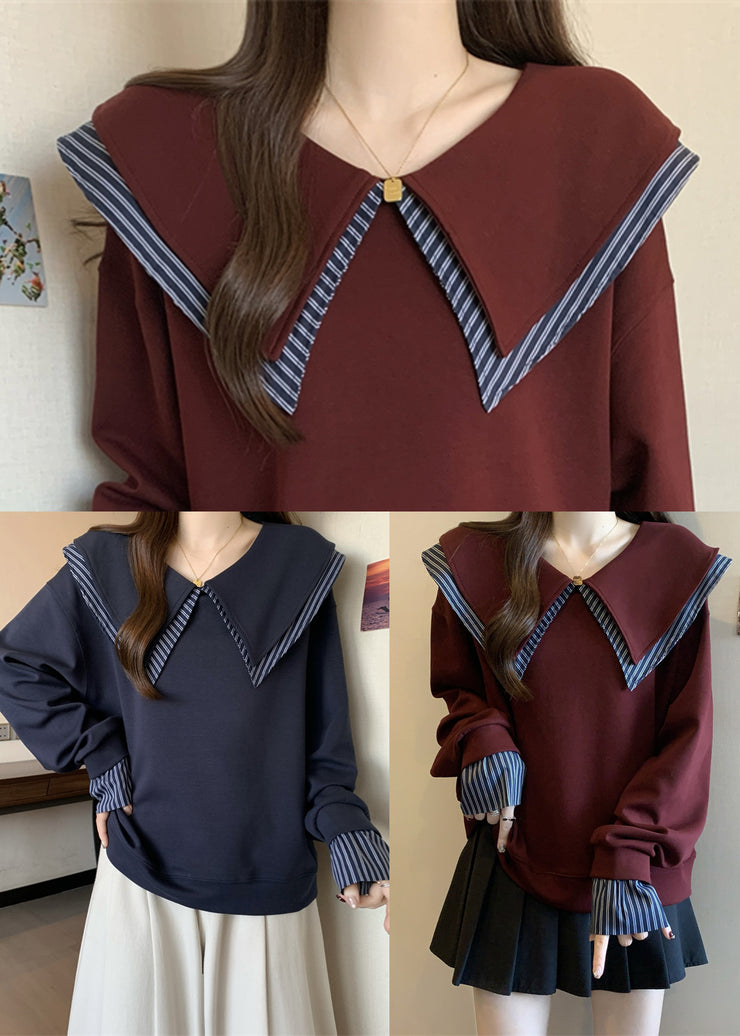 Art Navy Double-layer Patchwork Striped Cotton Sweatshirts Top Fall