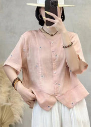 Art Navy Embroidered Patchwork Linen Shirt Top Summer