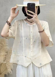 Art Navy Embroidered Patchwork Linen Shirt Top Summer