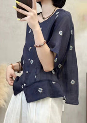 Art Navy Embroidered Patchwork Linen Shirt Top Summer