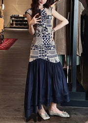 Art Navy O Neck Hollow Out Wrinkled Patchwork Cotton Long Dress Sleeveless