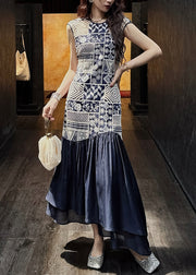 Art Navy O Neck Hollow Out Wrinkled Patchwork Cotton Long Dress Sleeveless