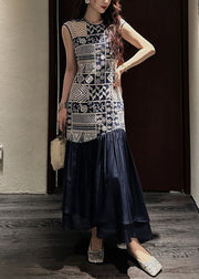 Art Navy O Neck Hollow Out Wrinkled Patchwork Cotton Long Dress Sleeveless