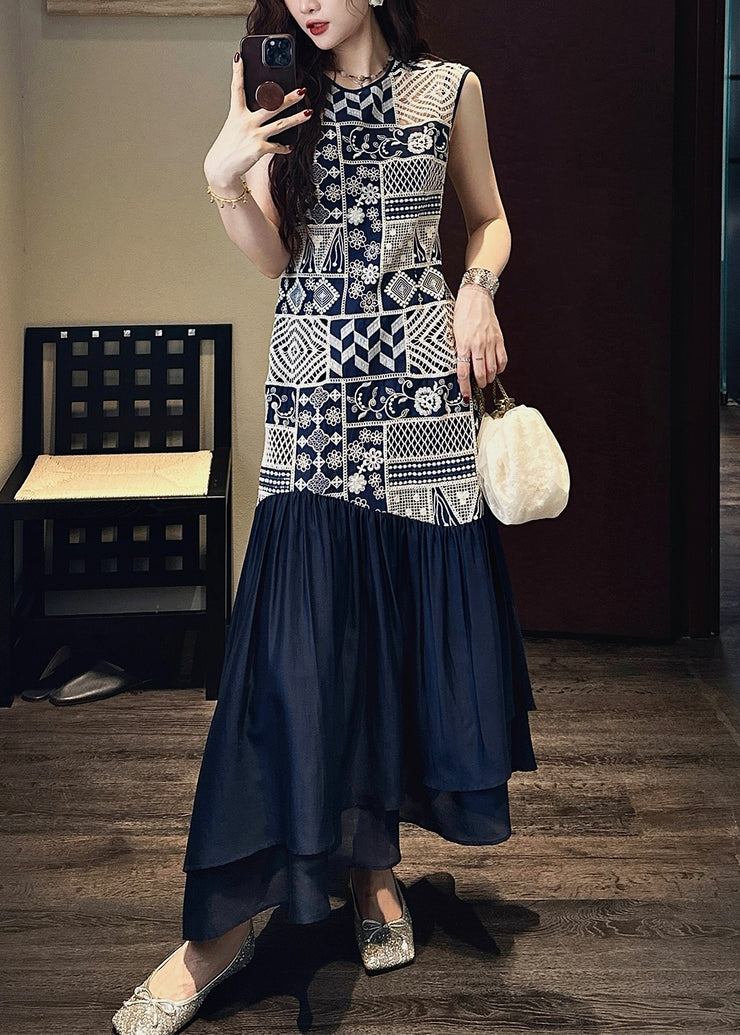 Art Navy O Neck Hollow Out Wrinkled Patchwork Cotton Long Dress Sleeveless